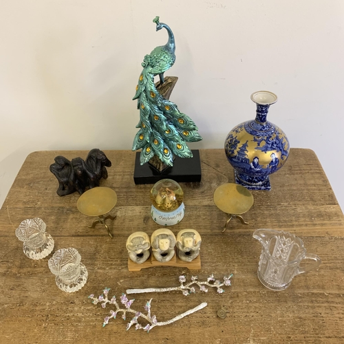 387 - A collection of mixed items including a Foley ware vase (as found), resin peacock, resin monkey and ... 