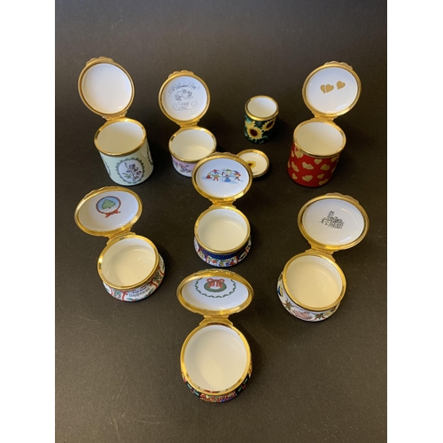 39 - Eight Halcyon Days enamelled pots including four Christmas issues, 1985, 1988, 1991 and 1993