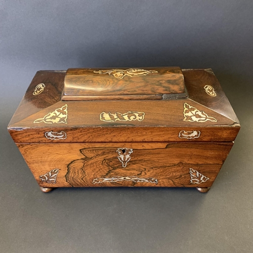 60 - An antique mother of pearl inlaid double tea caddy with mixing bowl, 11 3/4