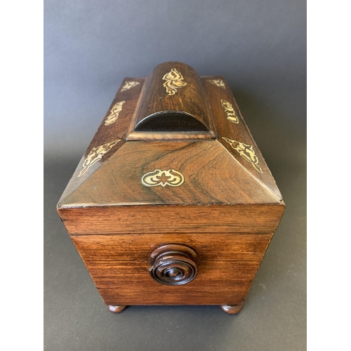 60 - An antique mother of pearl inlaid double tea caddy with mixing bowl, 11 3/4