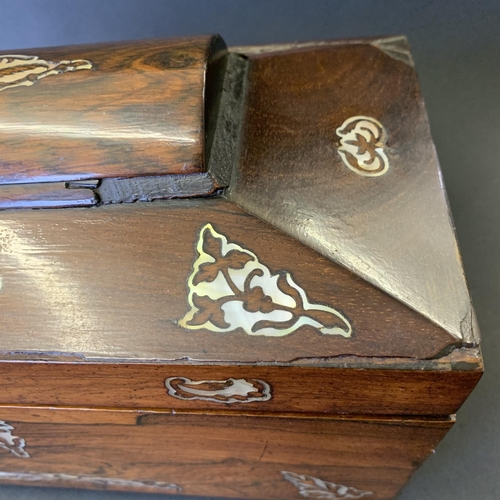 60 - An antique mother of pearl inlaid double tea caddy with mixing bowl, 11 3/4