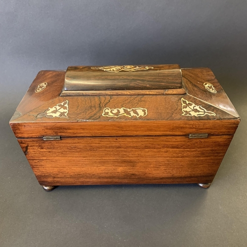 60 - An antique mother of pearl inlaid double tea caddy with mixing bowl, 11 3/4