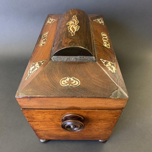 60 - An antique mother of pearl inlaid double tea caddy with mixing bowl, 11 3/4