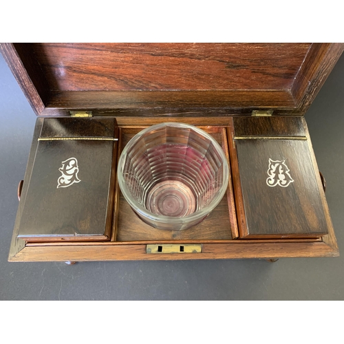 60 - An antique mother of pearl inlaid double tea caddy with mixing bowl, 11 3/4