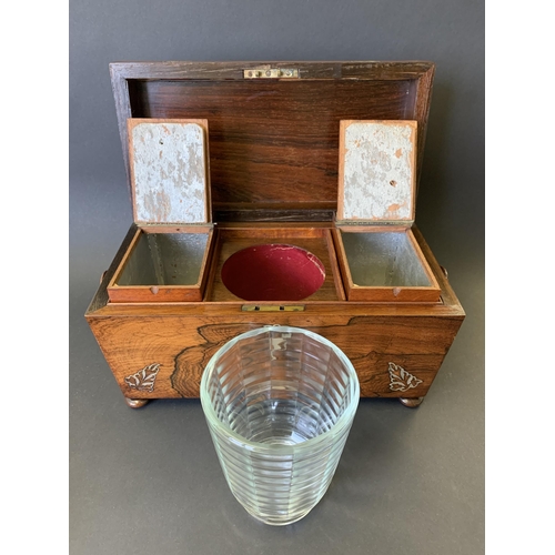 60 - An antique mother of pearl inlaid double tea caddy with mixing bowl, 11 3/4