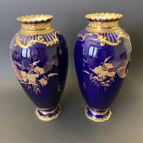 73 - A pair of antique Royal Crown Derby cobalt blue and heavily gilded vases decorated with flowers, app... 