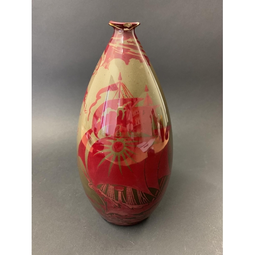 77 - Bernard Moore, a vintage flambe vase decorated with a sailing ship and a giant fish, approx. 7 1/4