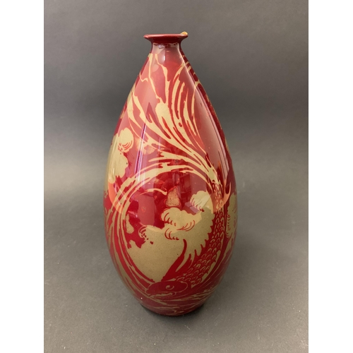 77 - Bernard Moore, a vintage flambe vase decorated with a sailing ship and a giant fish, approx. 7 1/4