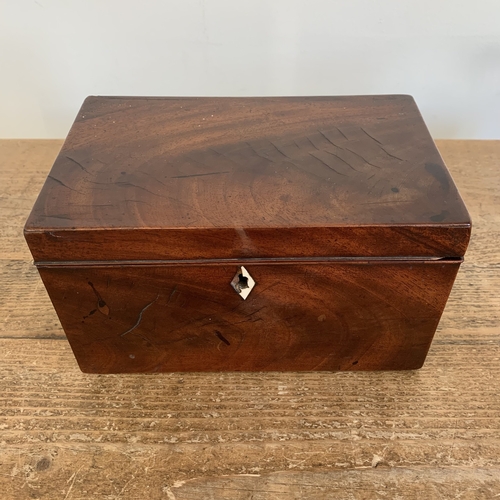 10 - An antique mahogany veneered double tea caddy with working lock and key, wood and brass postal scale... 