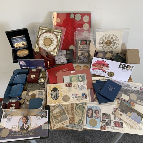 157 - A box of mixed coins including cased silver proofs £1 coins and a possible Victorian crown reproduct... 