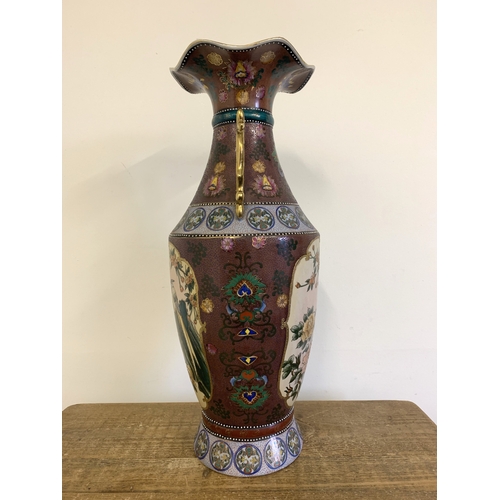 21 - A very large Oriental style hand painted vase decorated with birds and flowers, unmarked base, appro... 