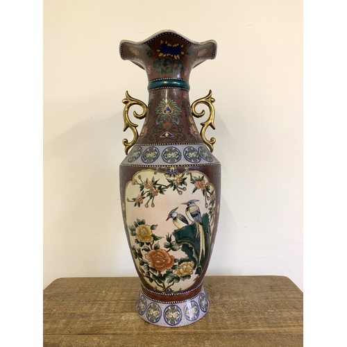 21 - A very large Oriental style hand painted vase decorated with birds and flowers, unmarked base, appro... 