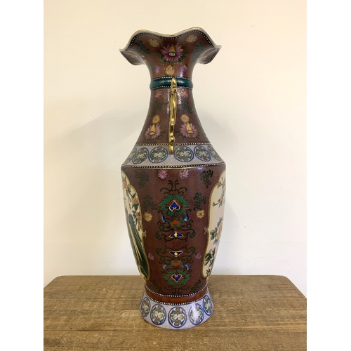 21 - A very large Oriental style hand painted vase decorated with birds and flowers, unmarked base, appro... 