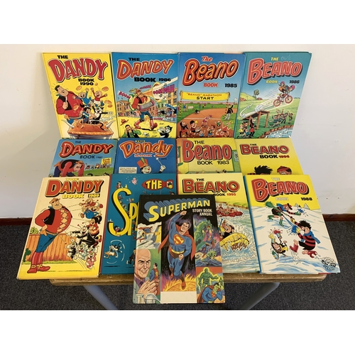 213 - Various 1980's/90's Beano and Dandy annuals, a 1980 Sparky annual plus a 1959 Superman annual