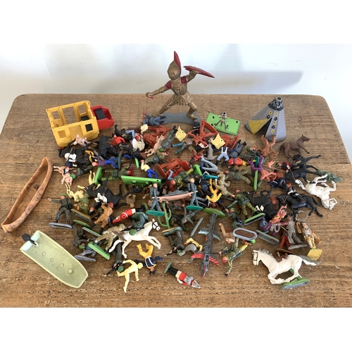 214 - Vintage plastic figures including Timpo, Britains soldiers and cowboys etc (playwear)