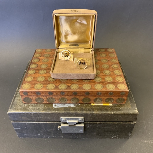 226 - Two small wooden boxes plus a pair of Nina Ricci cufflinks