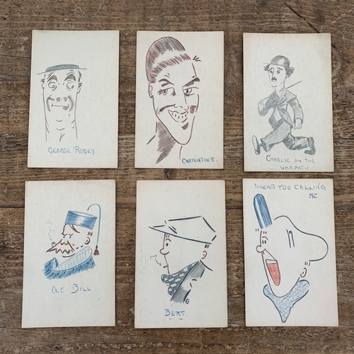 241 - Six vintage hand drawn postcards, subjects include Charlie Chaplin, Ole Bill, George Robey etc