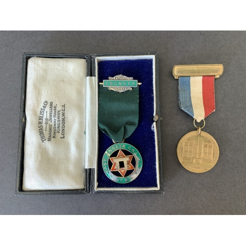 243 - A boxed hallmarked silver East Anglia Chapter Founder medal (as found to enamel) plus a 1913 Christ ... 