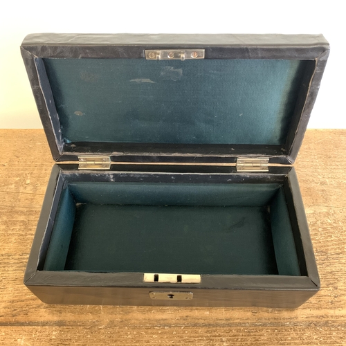 250 - An antique leather covered jewellery box with lift out tray, brass handle with engraved back plate '... 