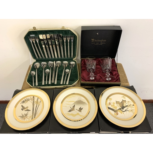 253 - Three boxed Chokin collectors plates plus a part Viners canteen of cutlery (lacking 3 teaspoons) and... 