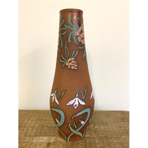 263 - A vintage terracotta hand decorated vase in the manner of the Longchamp Terre de Factory (marks indi... 