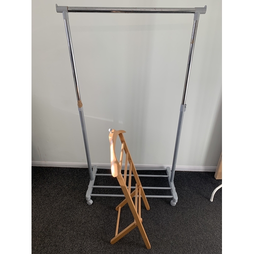 347 - Two wooden valets plus two metal clothes rails (one with loose side and one with end detached)