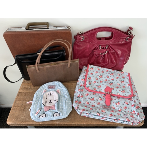 361 - Two 'Cath Kids' bags, a vintage briefcase, Findig bag and two vintage ladies leather handbags