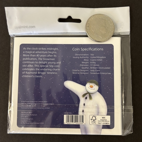 102 - A Vivat Regina 2006 five pound coin plus an uncirculated 2019 Royal Mint Snowman 50p in cardboard wa... 