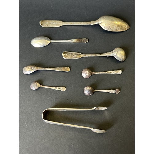 127 - Various hallmarked silver spoons, nips and salt spoons, total weight 115g