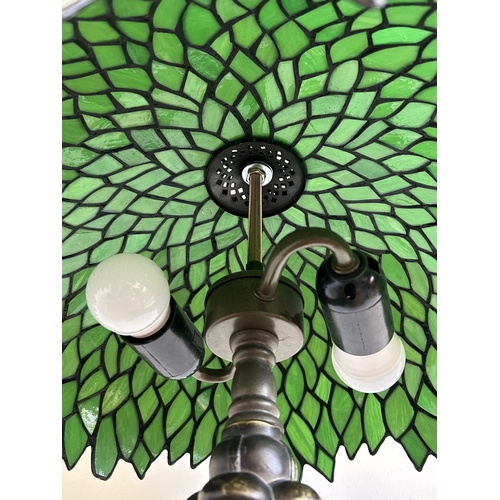 161 - A large size Tiffany style table lamp with green shade and double lamps, approx. 23