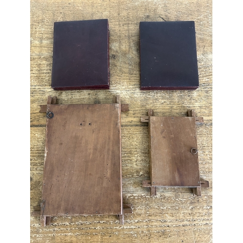 19 - A pair of Morocco leather book fold photograph frames with two small wood Hogarth frames