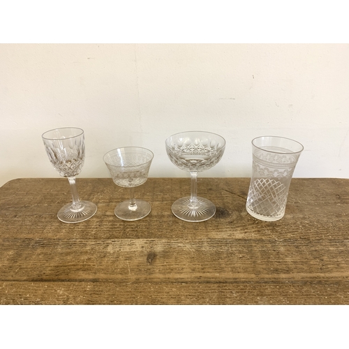 2 - A box of mixed drinking glasses including champagne saucers (15), Edwardian etched etc