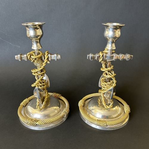 224 - A pair of Naval rope and anchor silver plated and gilt candlesticks, 7