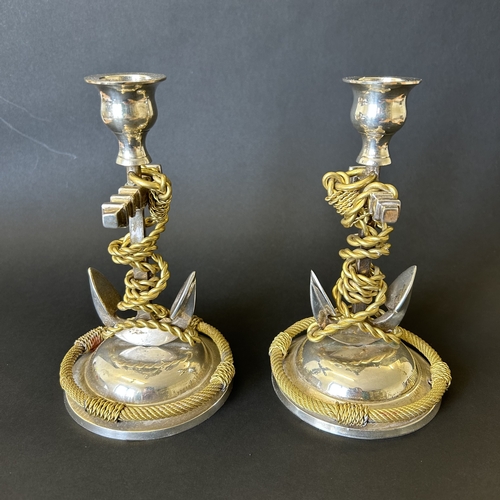 224 - A pair of Naval rope and anchor silver plated and gilt candlesticks, 7