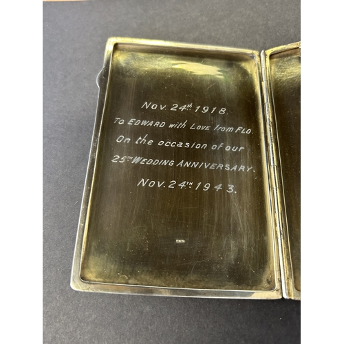 225 - A heavy white metal cigarette case with dated inscription inside, also marked 'Silver' inside plus a... 