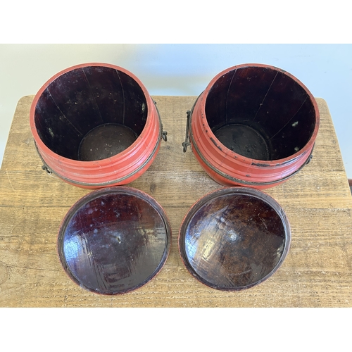 An antique Chinese red lacquer large lidded food container with six ...