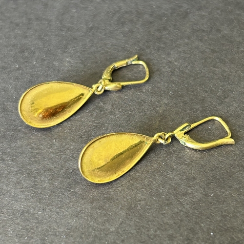 156 - A pair of yellow metal and amber style earrings, bears mark on top of wires, total weight approx. 4g
