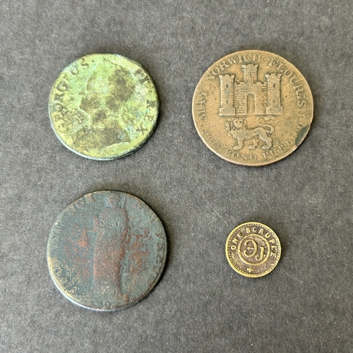 A copper 18th Century Bungay token, a Norwich half penny dated 1792, a ...