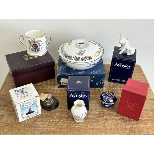 383 - A boxed Aynsley pig and vase, Royal Worcester serving dish, Royal Stafford commemorative mug etc