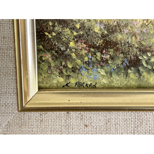 393 - Five various sized works by local artist, Maureen Parker including a framed oil on canvas 'A Summers... 