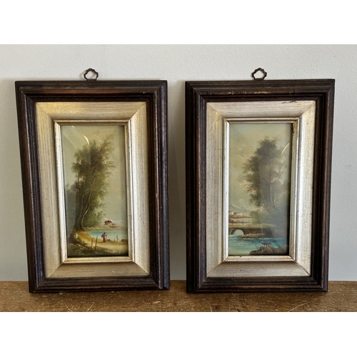 406 - A pair of small framed and glazed oil paintings of trees by water, both signed possibly S or G Bella... 