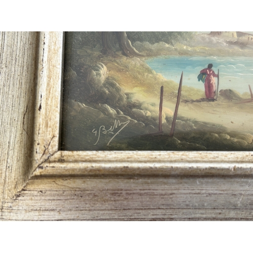 406 - A pair of small framed and glazed oil paintings of trees by water, both signed possibly S or G Bella... 