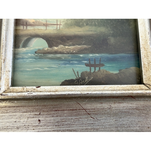 406 - A pair of small framed and glazed oil paintings of trees by water, both signed possibly S or G Bella... 