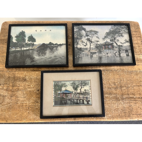 408 - A pair and a single vintage Oriental silk work pictures with pagoda scenes, 9 3/4