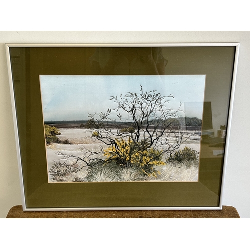 417 - A framed and glazed silk work picture of a tree in a landscape, initialled J D, 17