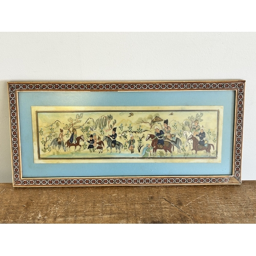 419 - A vintage scene of people, some on horseback (possibly Persian and possibly painted on bone), in an ... 