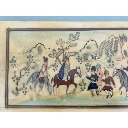 419 - A vintage scene of people, some on horseback (possibly Persian and possibly painted on bone), in an ... 