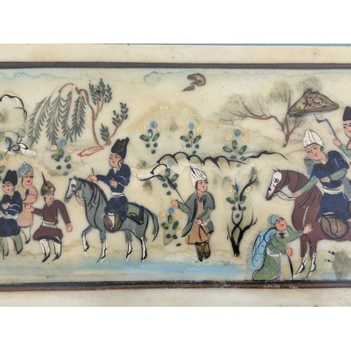 419 - A vintage scene of people, some on horseback (possibly Persian and possibly painted on bone), in an ... 