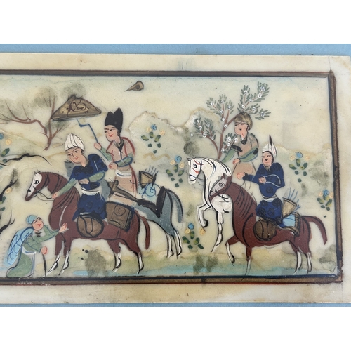 419 - A vintage scene of people, some on horseback (possibly Persian and possibly painted on bone), in an ... 