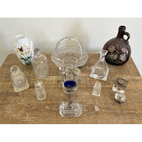 83 - A selection of mixed glassware including a painted brown bottle, a white glass hand painted vase (po... 